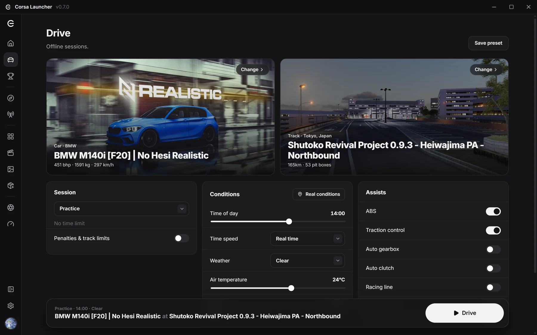 Corsa's Drive screen with a car, a track and session settings