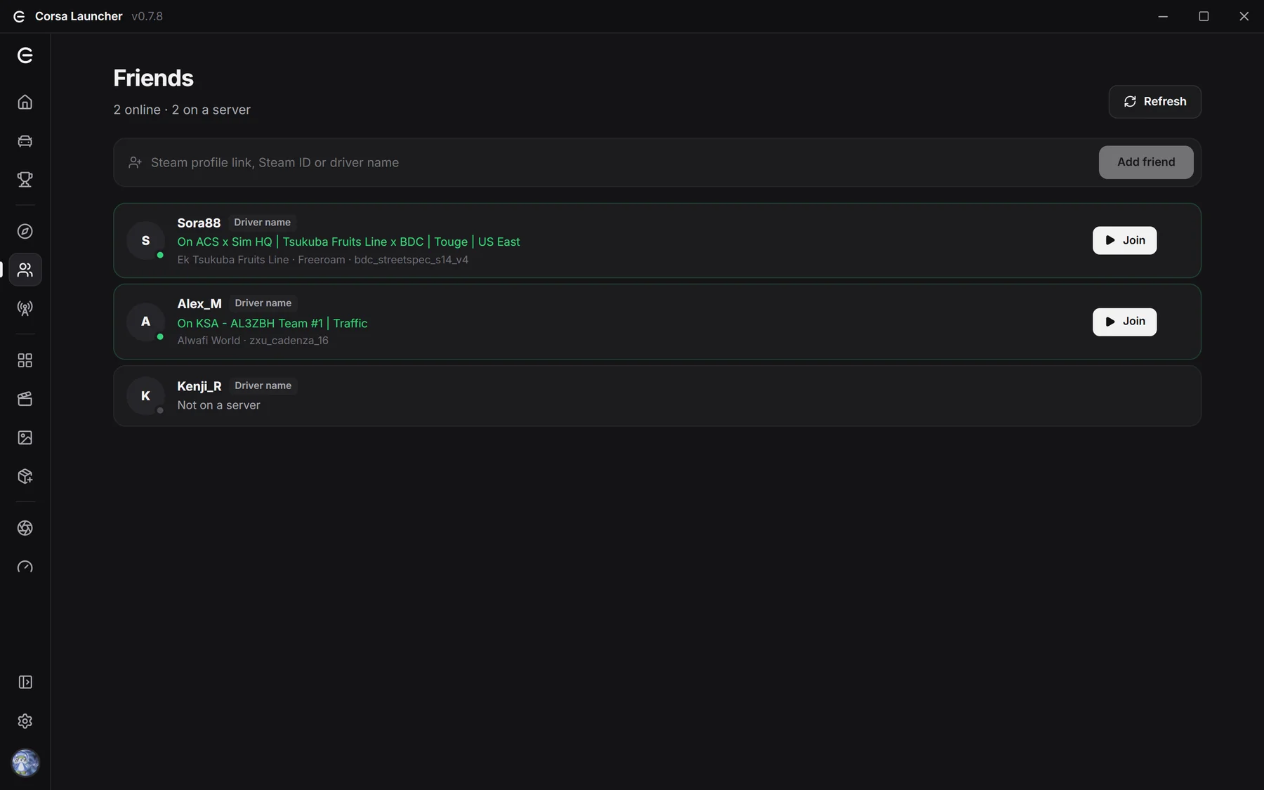 Corsa's friends page showing a friend on a server with a Join button