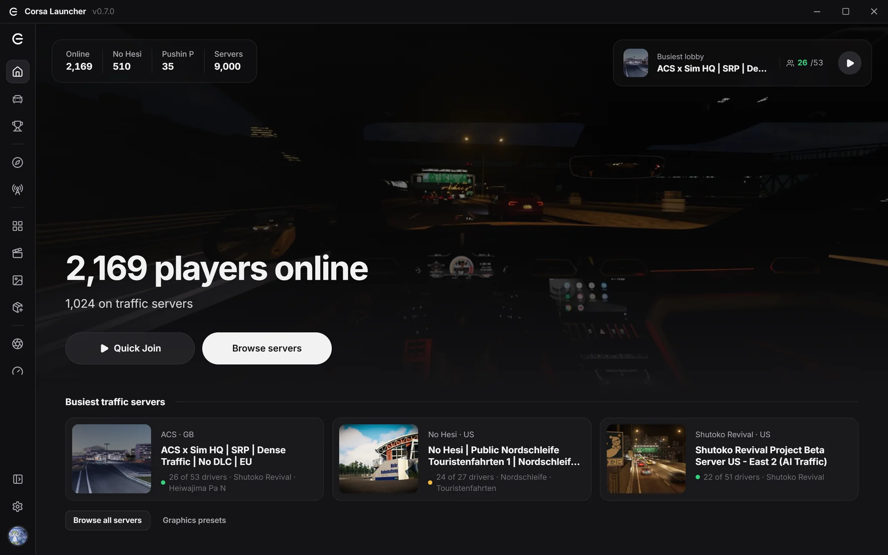 Corsa's home screen with players online, the busiest servers and Quick Join