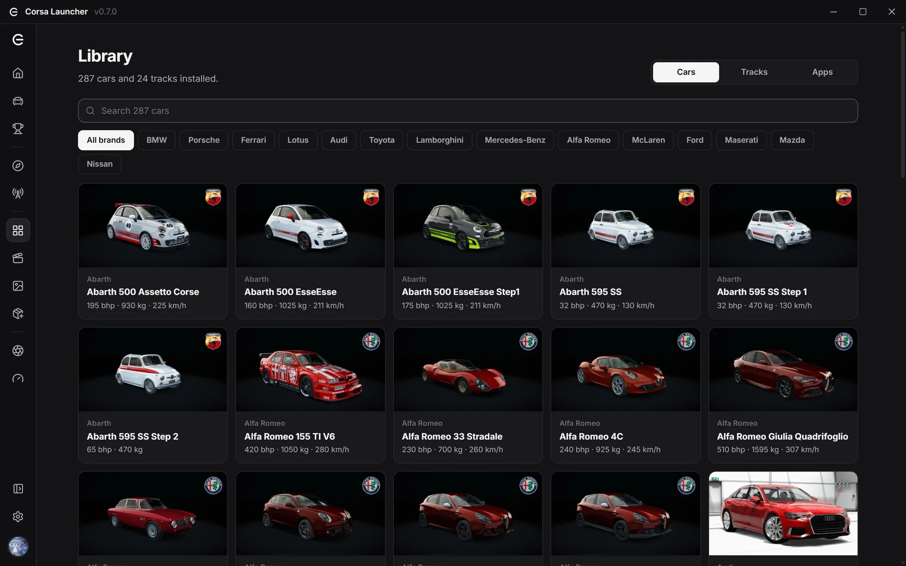 Corsa's car library with previews and specs
