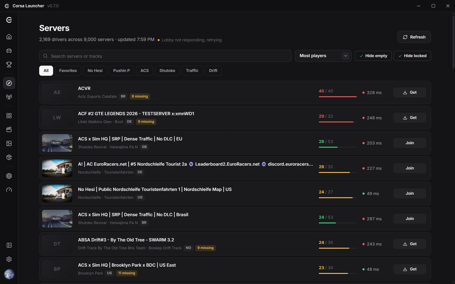 Corsa's server browser with player counts, fill bars and ping